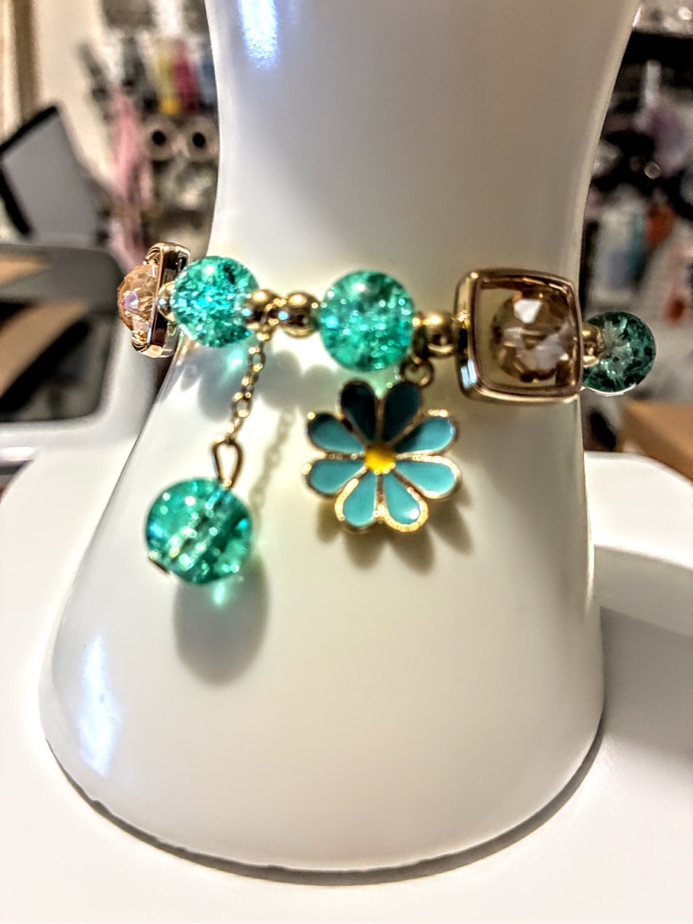 Gold-Tone Turquoise Flower Charm Bracelet - Women Jewelry New Without Tags